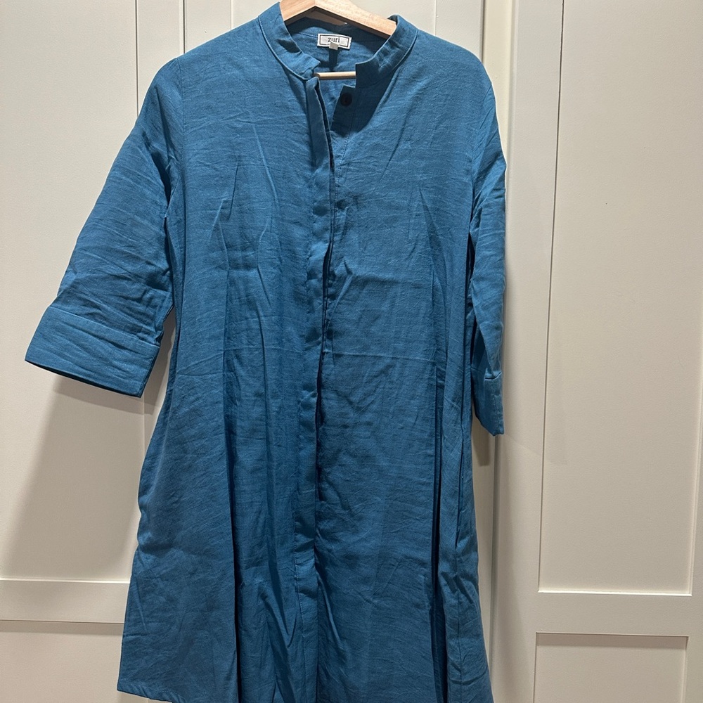 Blue Midi Dress with Cuffed Sleeves and Mandarin Collar